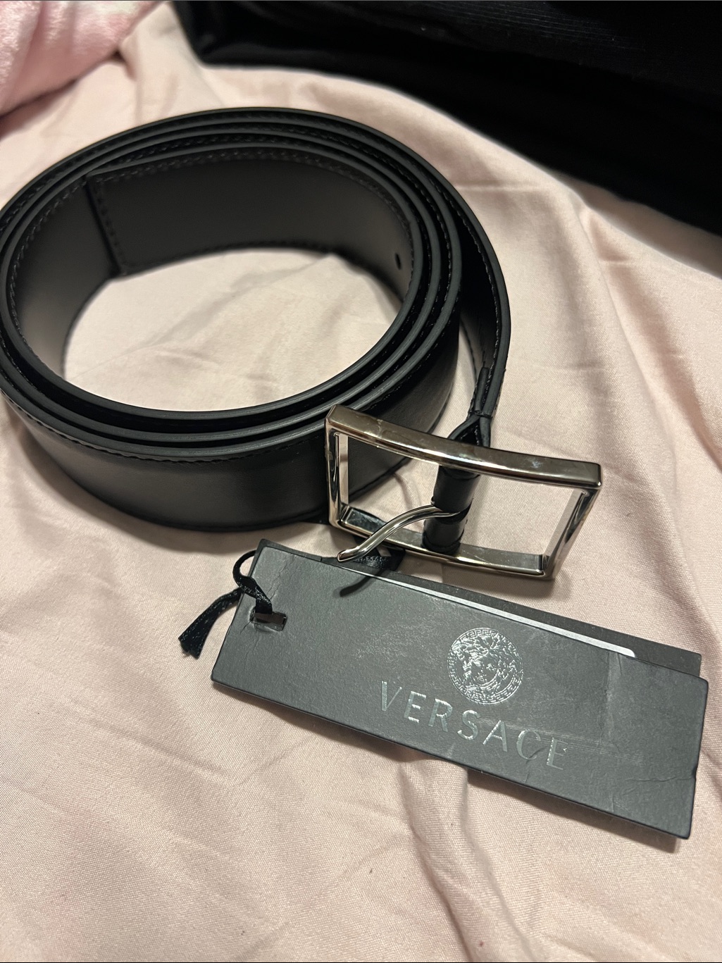 Versace Black Leather Belt With Silver Buckle